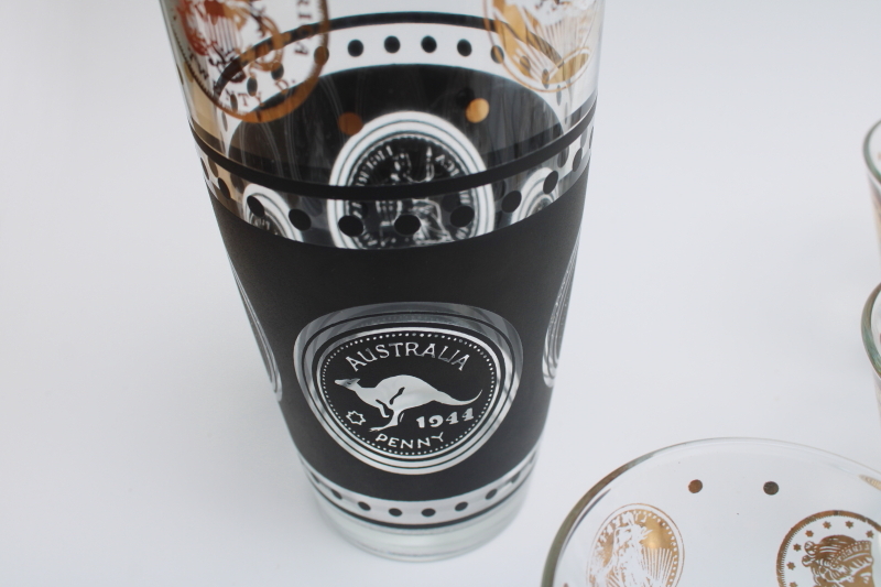 photo of mod vintage bar glassware, drinking glasses & cocktail shaker jar black & gold coins #3