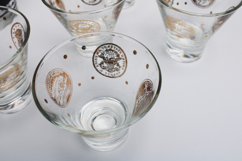 photo of mod vintage bar glassware, drinking glasses & cocktail shaker jar black & gold coins #5