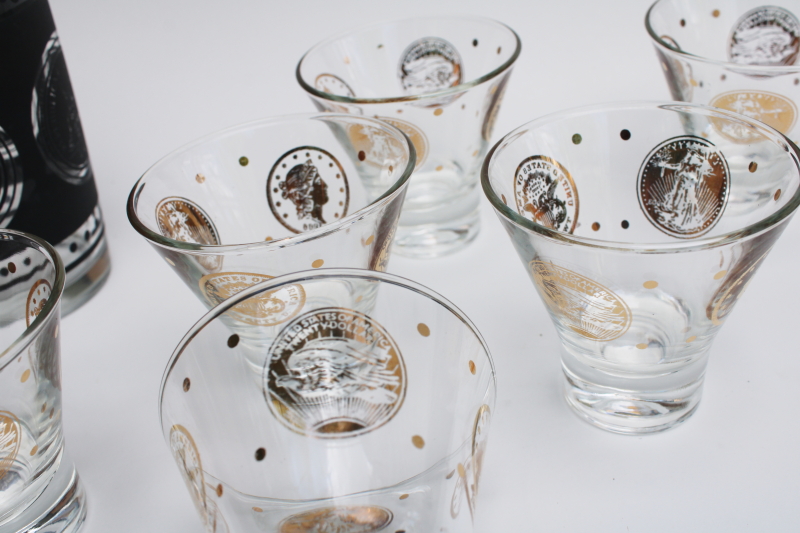 photo of mod vintage bar glassware, drinking glasses & cocktail shaker jar black & gold coins #6