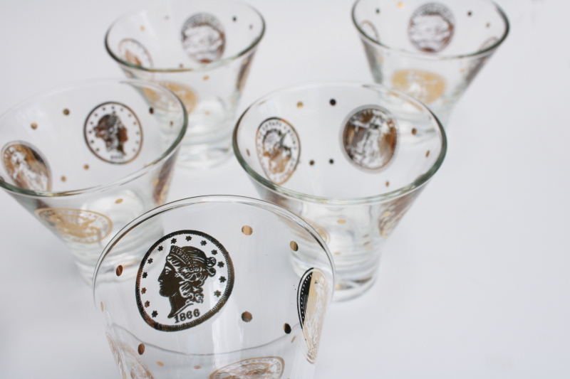 photo of mod vintage bar glassware, drinking glasses & cocktail shaker jar black & gold coins #7