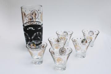 photo of mod vintage bar glassware, drinking glasses & cocktail shaker jar black & gold coins