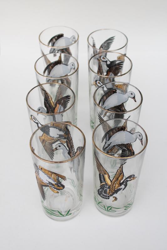 photo of mod vintage barware, set of drinking glasses game birds, black & white ducks or snow geese #3