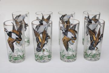 catalog photo of mod vintage barware, set of drinking glasses game birds, black & white ducks or snow geese