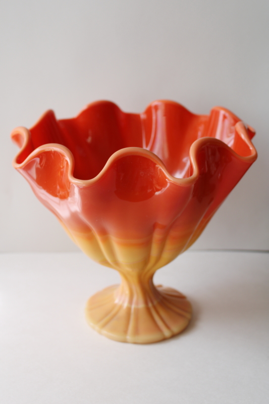 photo of mod vintage bittersweet orange slag glass vase, lettuce shape bowl LE Smith glass #1
