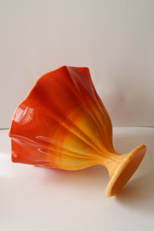 photo of mod vintage bittersweet orange slag glass vase, lettuce shape bowl LE Smith glass #3