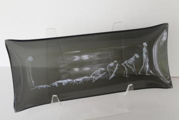 catalog photo of mod vintage black smoke formed glass tray, skeletons lizard to man evolution