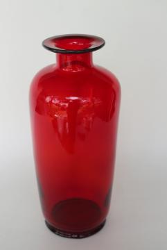 catalog photo of mod vintage bright red glass bottle vase - West Virginia art glass, hand blown glass