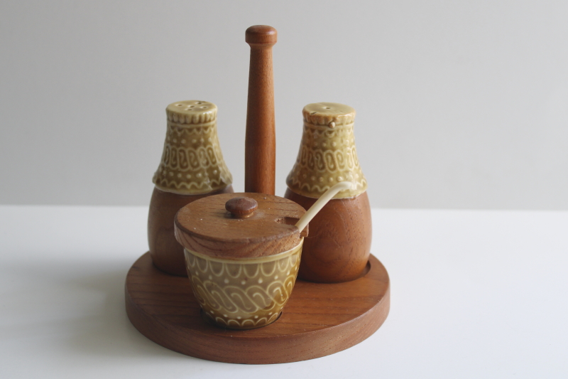 photo of mod vintage ceramic condiment set w/ teak wood tray, pot w/ spoon S&P shakers  #1