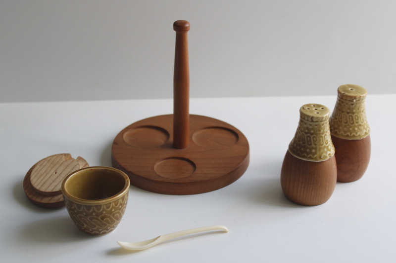 photo of mod vintage ceramic condiment set w/ teak wood tray, pot w/ spoon S&P shakers  #2