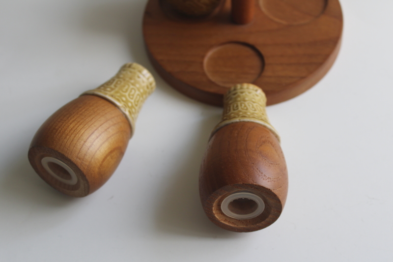 photo of mod vintage ceramic condiment set w/ teak wood tray, pot w/ spoon S&P shakers  #4