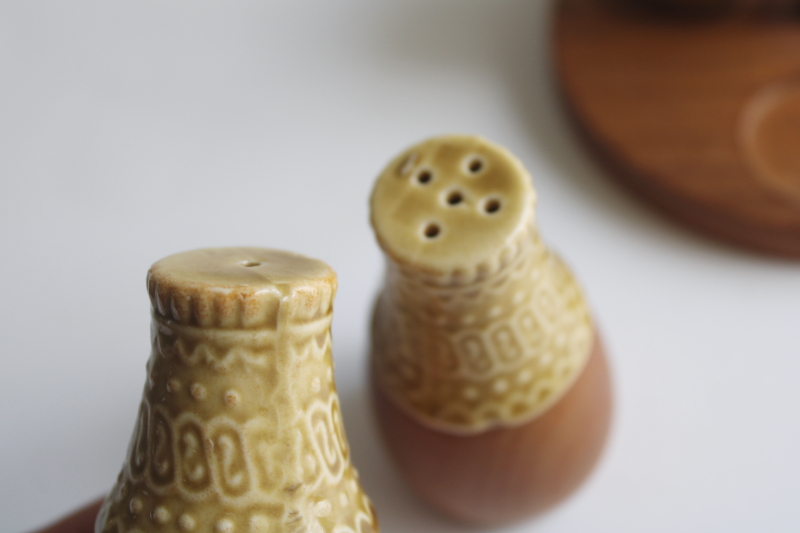 photo of mod vintage ceramic condiment set w/ teak wood tray, pot w/ spoon S&P shakers  #6