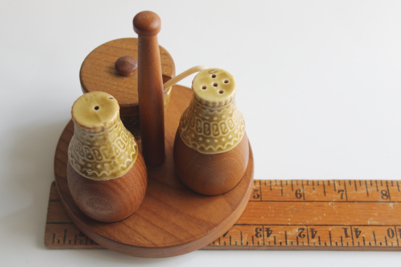 photo of mod vintage ceramic condiment set w/ teak wood tray, pot w/ spoon S&P shakers  #7