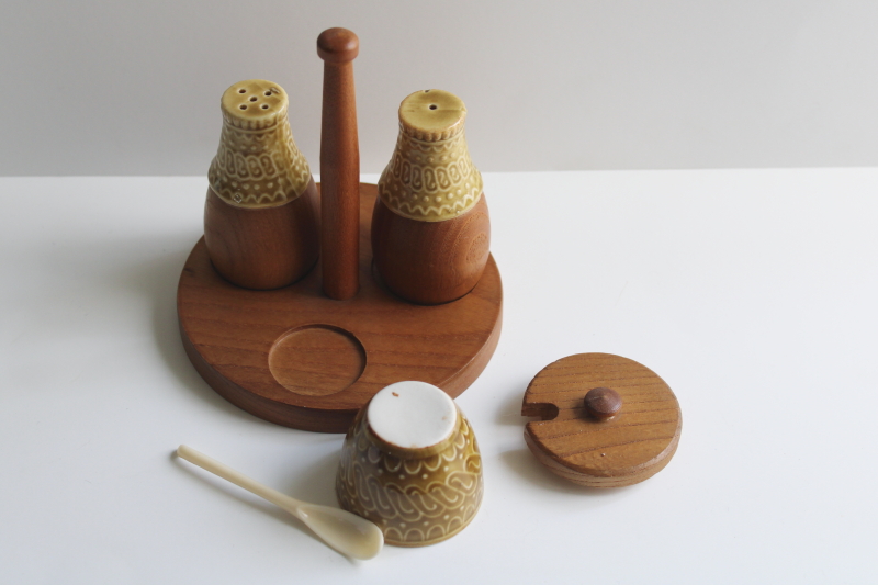 photo of mod vintage ceramic condiment set w/ teak wood tray, pot w/ spoon S&P shakers  #9