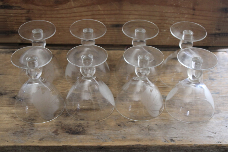 photo of mod vintage champagne glasses, McBride Cameo glass w/ etched cut leaves on crystal clear #5