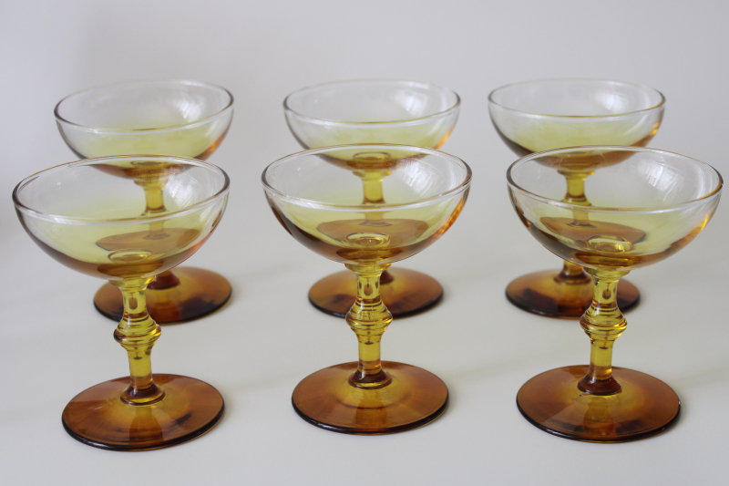 photo of mod vintage coupe champagne or cocktail glasses, amber yellow ombre fade Libbey glasses #1