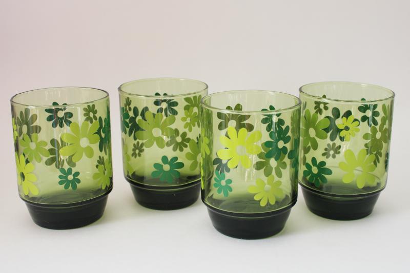 photo of mod vintage crazy daisy flower print green glass double old fashioned glasses, big tumblers #1