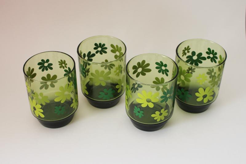 photo of mod vintage crazy daisy flower print green glass double old fashioned glasses, big tumblers #2