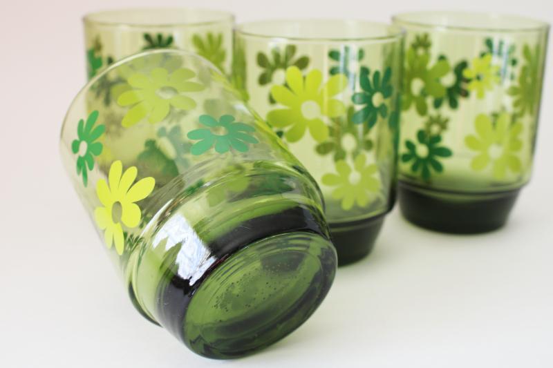 photo of mod vintage crazy daisy flower print green glass double old fashioned glasses, big tumblers #3