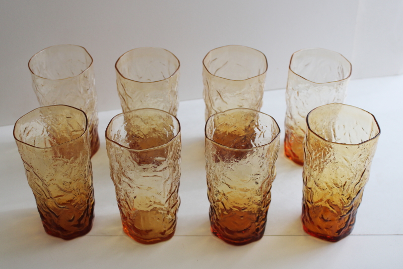 photo of mod vintage crinkle glass tumblers, Seneca driftwood drinking glasses topaz amber #1