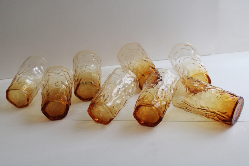 photo of mod vintage crinkle glass tumblers, Seneca driftwood drinking glasses topaz amber #3