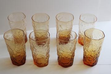 mod vintage crinkle glass tumblers, Seneca driftwood drinking glasses topaz amber