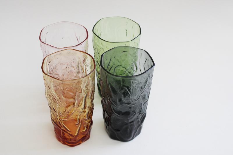 photo of mod vintage crinkle textured glass tumblers, drinking glasses rainbow colors set #2