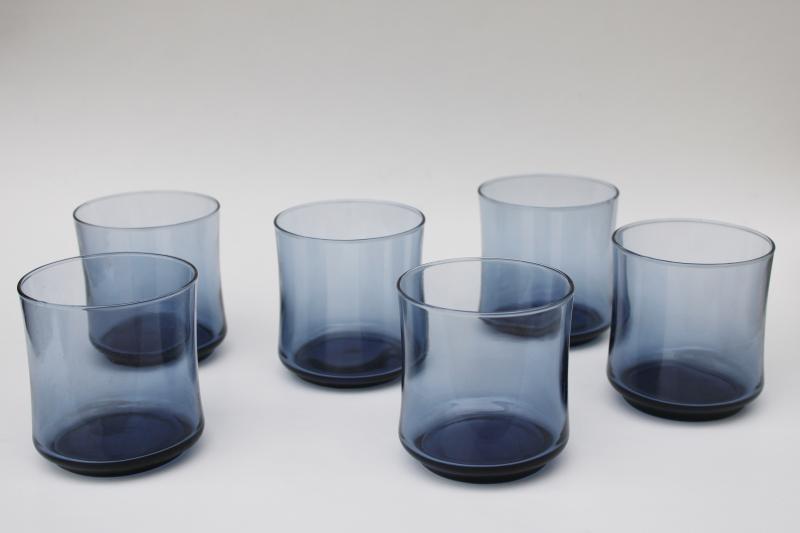 photo of mod vintage dusk blue Libbey glass tumblers, old fashioned glasses retro barware #1