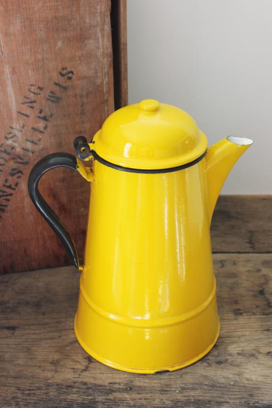 photo of mod vintage enamelware coffee pot, cheerful bright yellow enamel w/ black trim  #1