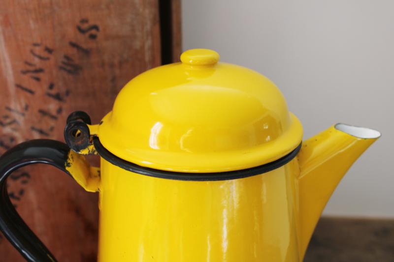 photo of mod vintage enamelware coffee pot, cheerful bright yellow enamel w/ black trim  #2