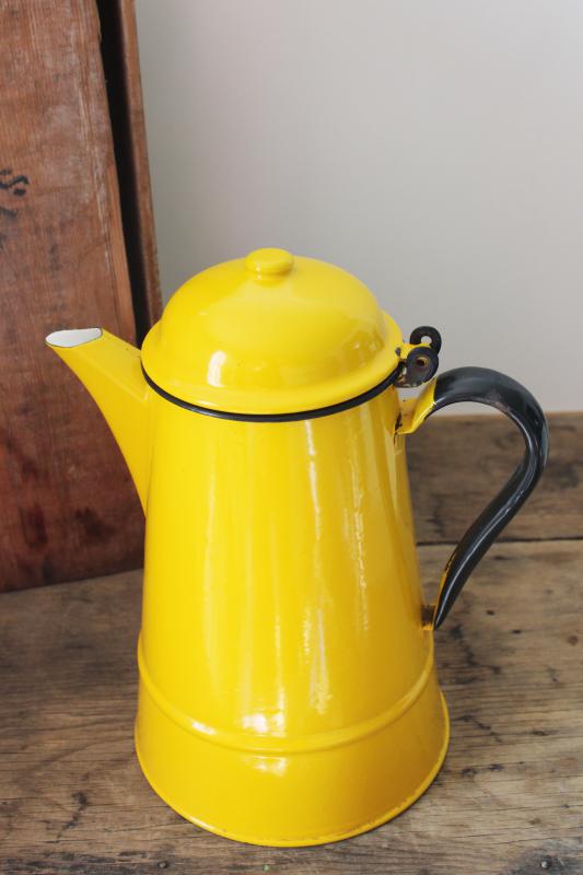 photo of mod vintage enamelware coffee pot, cheerful bright yellow enamel w/ black trim  #3