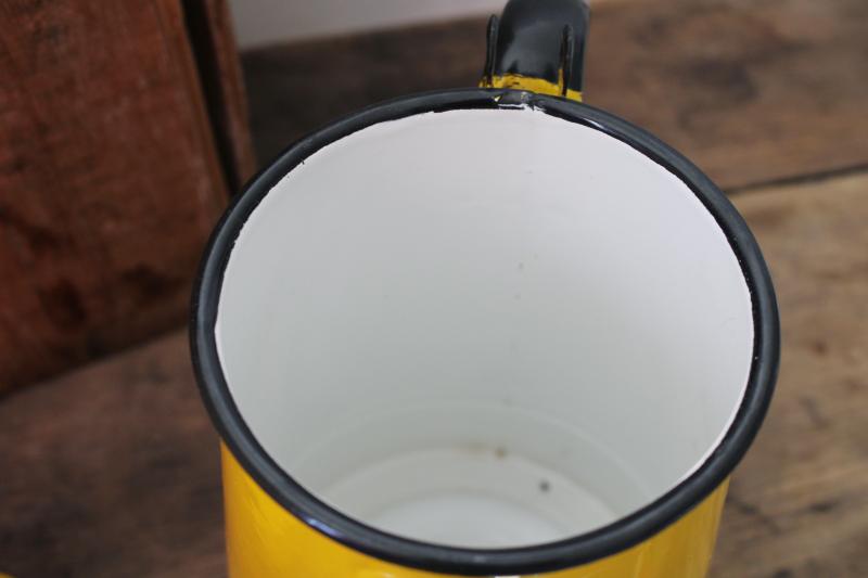 photo of mod vintage enamelware coffee pot, cheerful bright yellow enamel w/ black trim  #4