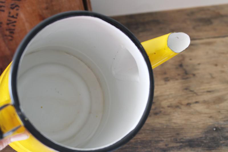 photo of mod vintage enamelware coffee pot, cheerful bright yellow enamel w/ black trim  #5