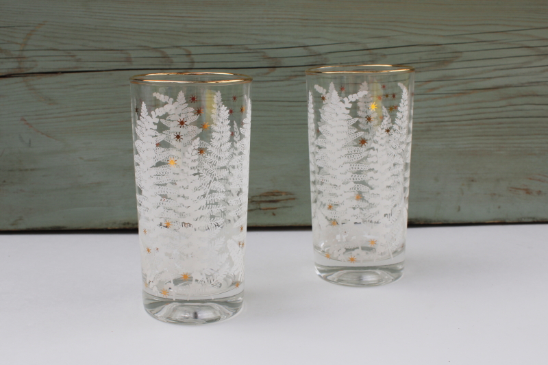 photo of mod vintage fern print drinking glasses, highball tumblers w/ gold stars, white ferns #1
