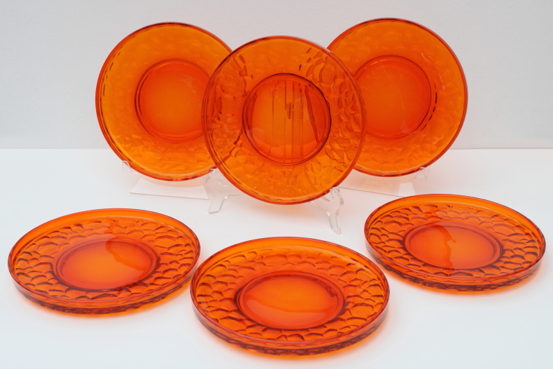 photo of mod vintage flame orange rimmed luncheon salad plates, Fostoria Pebble Beach pattern #1