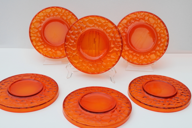 photo of mod vintage flame orange rimmed luncheon salad plates, Fostoria Pebble Beach pattern #4