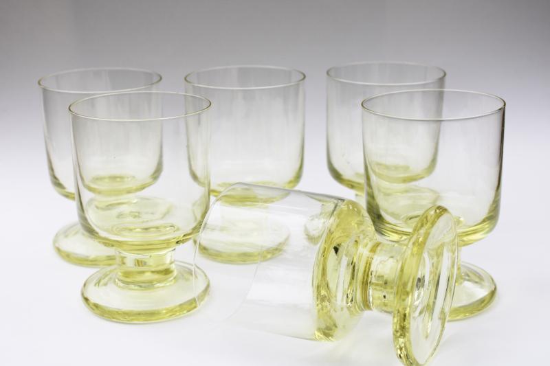 photo of mod vintage footed tumblers, cool lemon yellow glass barware drinking glasses set #3