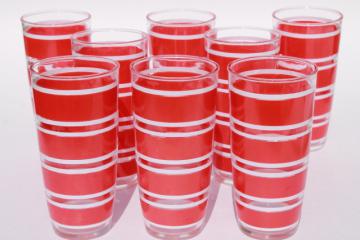 catalog photo of mod vintage glass drinking glasses w/ red & white stripes, fun retro glassware set