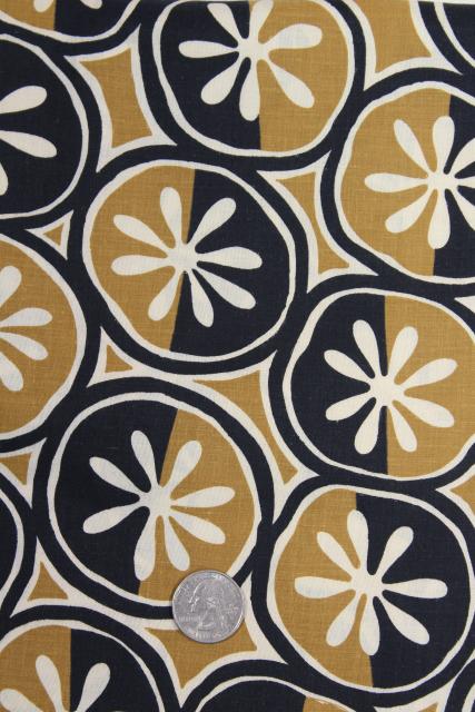 photo of mod vintage graphic daisies print cotton fabric, black tan white minimalist pop art #1