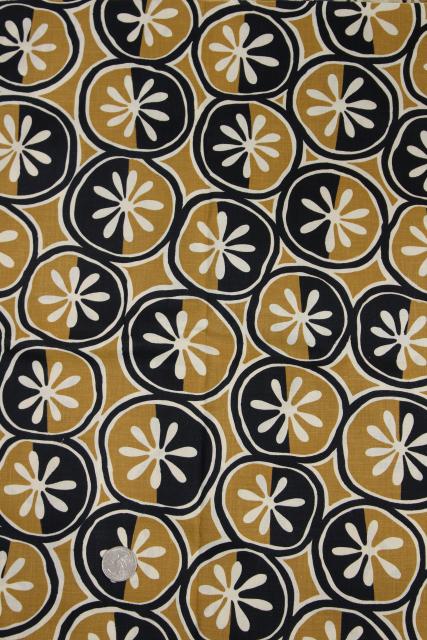 photo of mod vintage graphic daisies print cotton fabric, black tan white minimalist pop art #2