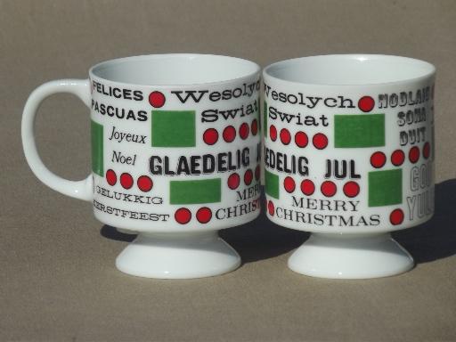 photo of mod vintage holiday coffee cups, Christmas greetings around the world #2