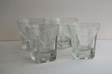 catalog photo of mod vintage ice textured glass drinking glasses, square base tumblers St Regis?