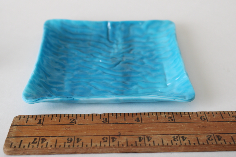 photo of mod vintage minimalist glass trinket dish tray square formed shape, wave textured azure blue art glass  #1