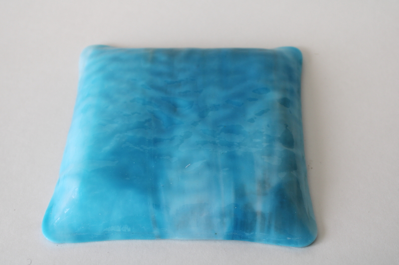photo of mod vintage minimalist glass trinket dish tray square formed shape, wave textured azure blue art glass  #2