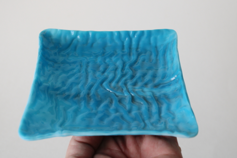 photo of mod vintage minimalist glass trinket dish tray square formed shape, wave textured azure blue art glass  #3