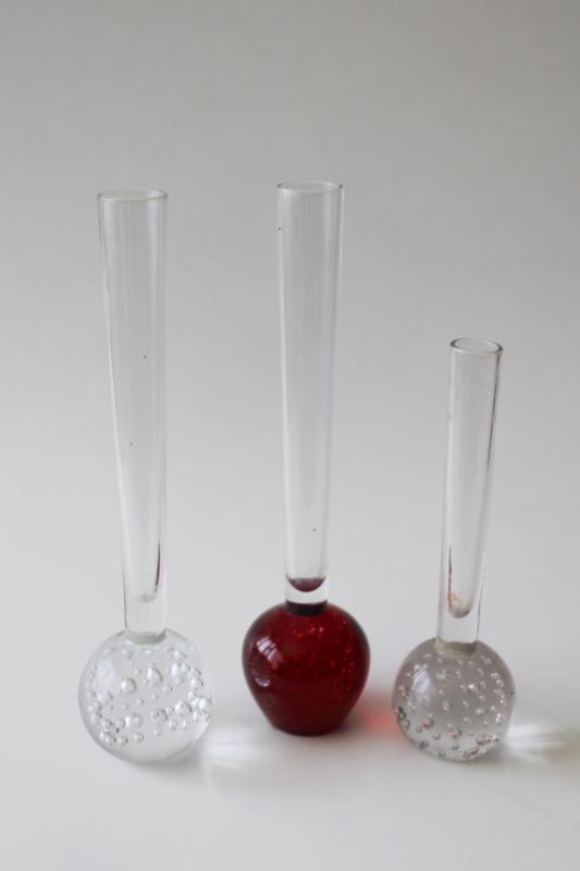 photo of mod vintage paperweight bud vases, controlled bubble glass clear & ruby red #1