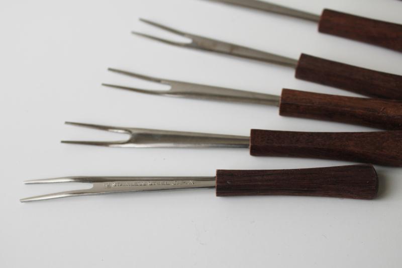 photo of mod vintage party picks cocktail hors d'oeuvres forks, tiny stainless forks w/ wood #2