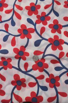 catalog photo of mod vintage poly crepe fabric, flower power daisy print in red, white & blue