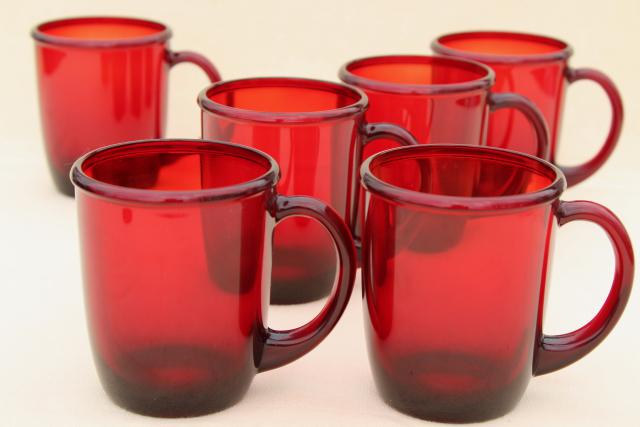 photo of mod vintage ruby red glass coffee mugs, Arcoroc Cocoon pattern w/ Crate & Barrel label #1