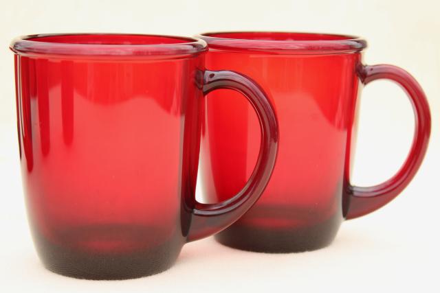 photo of mod vintage ruby red glass coffee mugs, Arcoroc Cocoon pattern w/ Crate & Barrel label #2