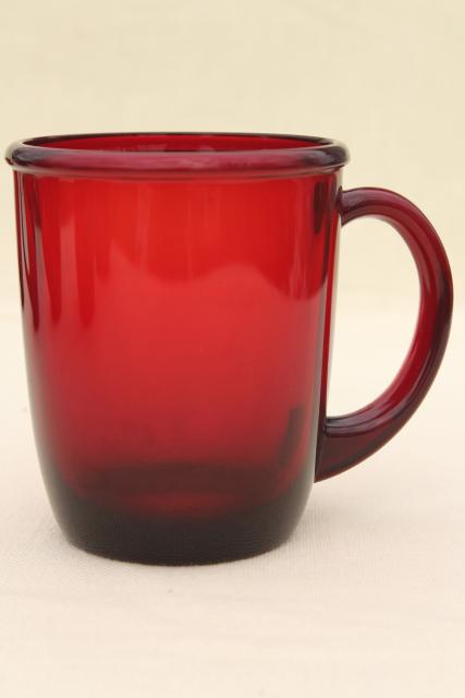 photo of mod vintage ruby red glass coffee mugs, Arcoroc Cocoon pattern w/ Crate & Barrel label #3